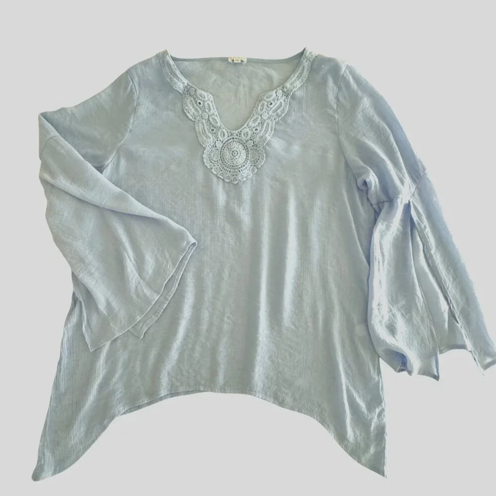 Spense Top Size XXL Light Blue Crochet Neckline Boho Tunic Blouse - Picture 4 of 10
